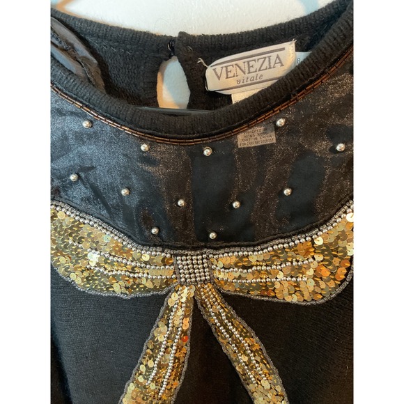 Vintage Venezia Vitale Women's 1x SilkAngora Blend Black Sweater Gold Sequin Bow - Picture 6 of 9